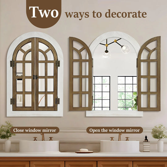 Vintage Wood Windowpane Arched Wall Mirror