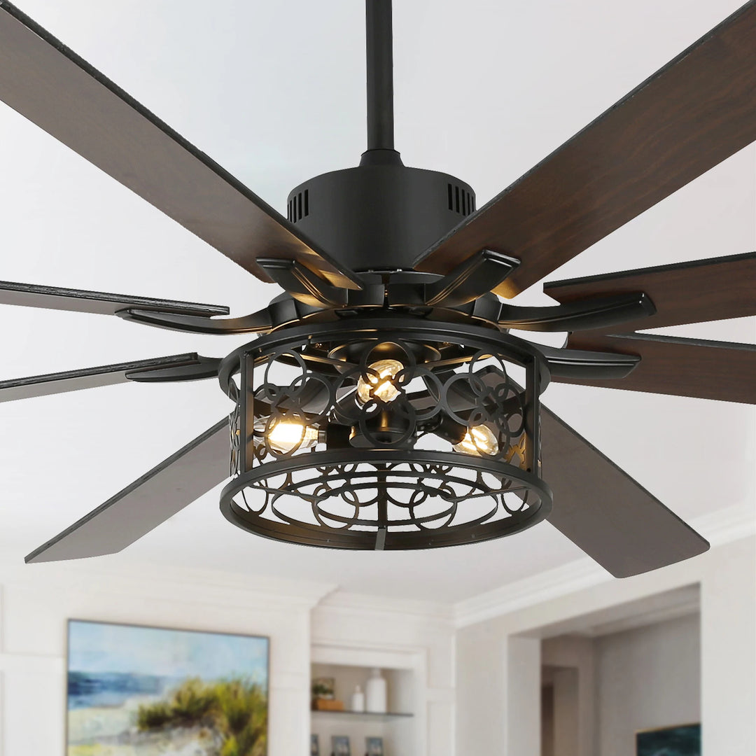 72" Rustic Large Ceiling Fan with Light and Remote 6-Speed 3-Light Farmhouse Metal Caged Black Ceiling Fan