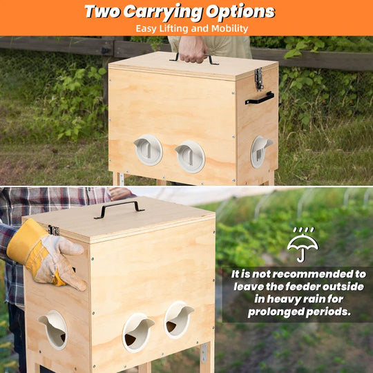 Automatic Wooden Chicken Feeder, Large 40 Lb Capacity, No Waste with Locking Lid & Legs, 6 Port, Supports 15-20 Days of Feeding for Chicken, Goose, Duck & Turkey – Coop Supplies