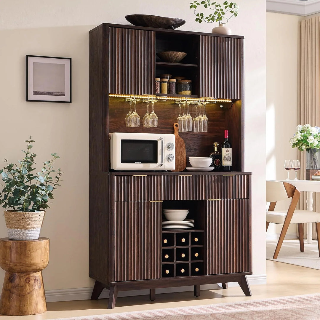 72" Wine Bar Cabinet, Modern Wood Coffee Bar Cabinet with LED Lights