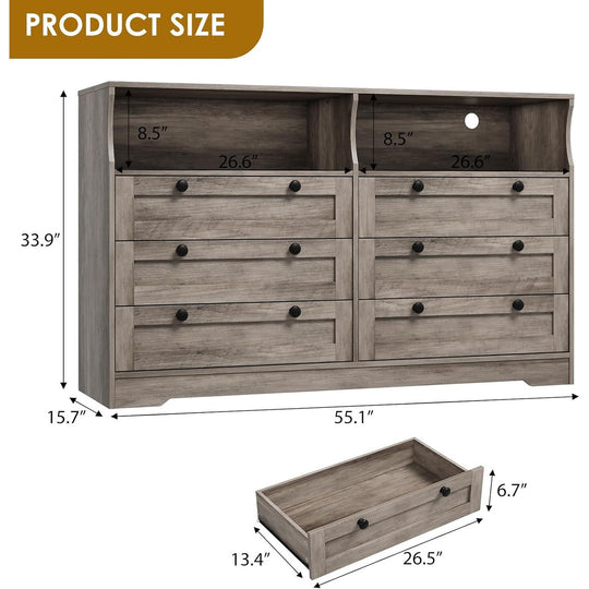 55" Black 6-Drawer Wood Dresser, Modern Storage Organizer for Bedroom, Living Room, Closet & Entryway