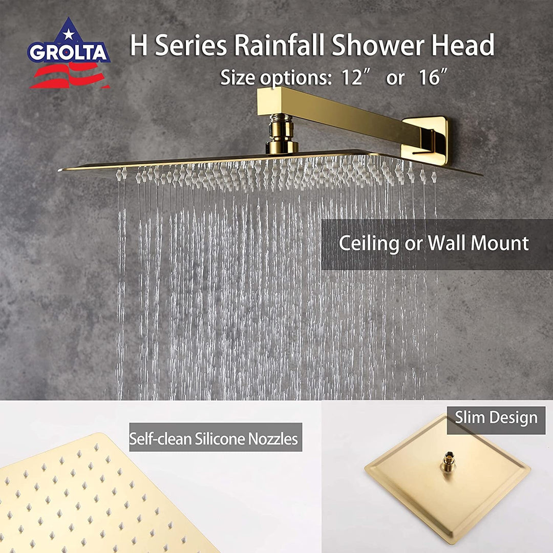 Polished Gold Wall Mount 12 Inch Rain Head 2 Way Shower Faucet with Handle Sprayer - 7'6" X 10'9"