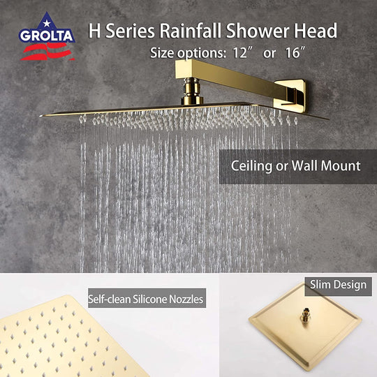 Polished Gold Wall Mount 12 Inch Rain Head 2 Way Shower Faucet with Handle Sprayer - 7'6" X 10'9"