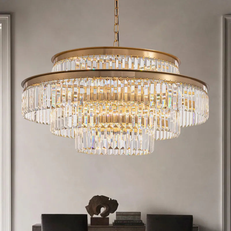 32 In. Drum Modern Crystal Chandelier 4-Tier Gold Brass Kitchen Island Pendant Light for Dining Room