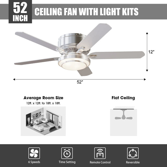 Vaczon 52" Brushed Nickel 5-Blade Modern Flush Mount Smart Ceiling Fan with Light and App