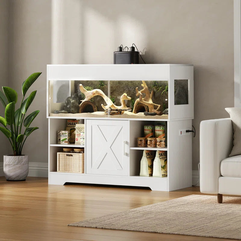 Reptile Tank with Stand, Terrarium Tank with Storage Cabinet, for Lizards, Skinks, Snakes, Sliding Acrylic Doors, Mesh Top, Built-In Power Outlet Px02Rtw