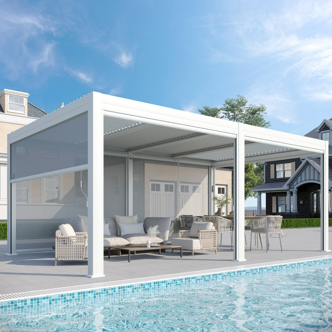 Outdoor Louvered Pergola Gazebo with Adjustable Aluminum Rainproof Roof and Pull-Down Screen