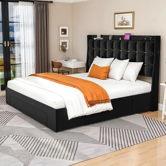 Queen/King Size Velvet Upholstered Bed with Charging Station and Storage Drawers
