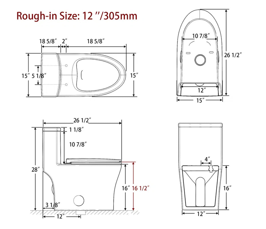 KK  Elongated One Piece Toilet, 1.28 GPF Powerful Flush Modern Toilet, Compact Toilet for Most Bathroom (Side Flush Lever) 12'' Rough-In