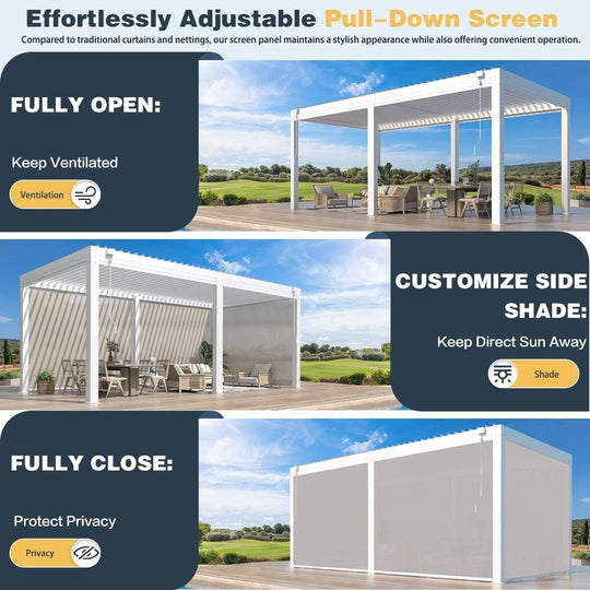 Outdoor Louvered Pergola Gazebo with Adjustable Aluminum Rainproof Roof and Pull-Down Screen