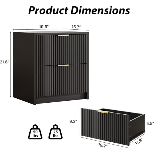 Set of 2 Fluted Nightstand with 2 Drawers, Modern Storage Bedside Table Wooden End Table for Bedroom