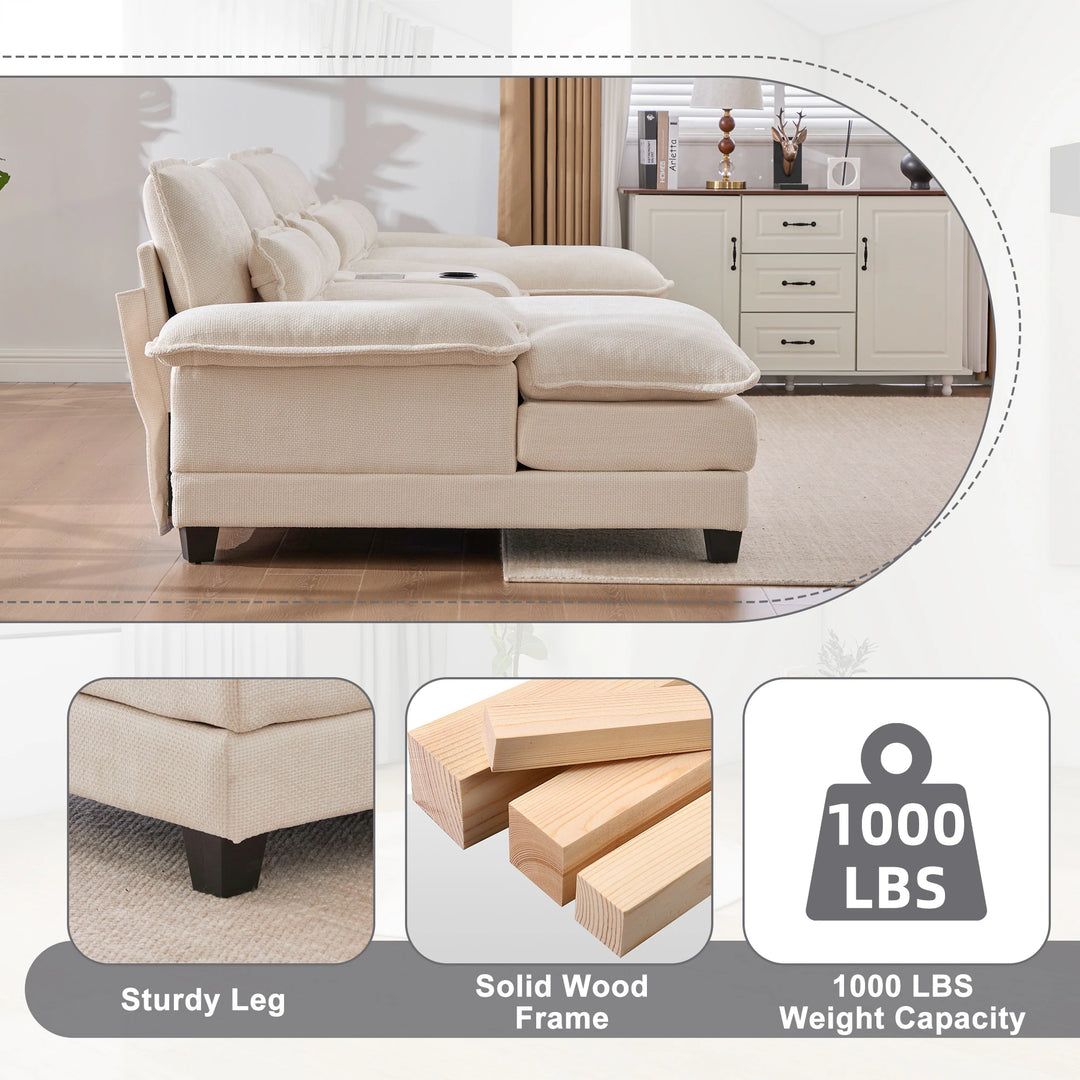 6-Seat Chenille Upholstered Modern U-Shaped Sectional Multifunctional Sofa with 2 Cup Holders,Pull-Out Storage Space