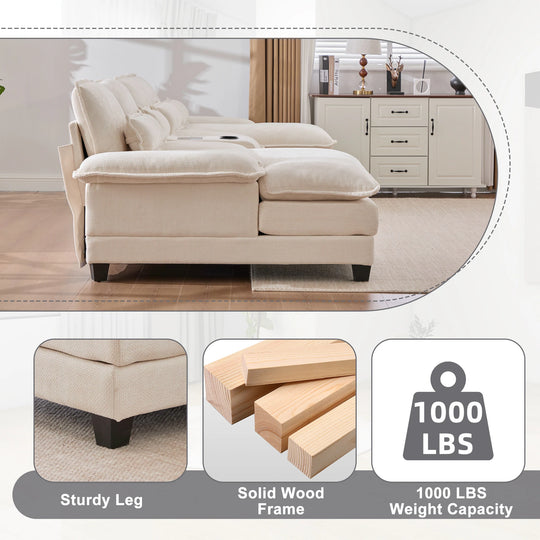 6-Seat Chenille Upholstered Modern U-Shaped Sectional Multifunctional Sofa with 2 Cup Holders,Pull-Out Storage Space