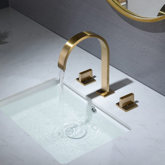 Brushed Gold Two Handles 3 Holes Waterfall Bathroom Sink Faucet with Brass Pop up Overflow Drain