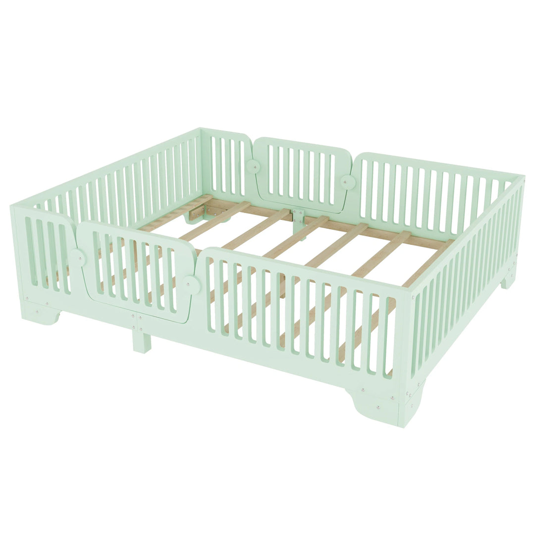 Full Size Montessori Floor Bed Frame with Safety Rails and Removable Door, Low Profile Kids Bed with Slatted Support