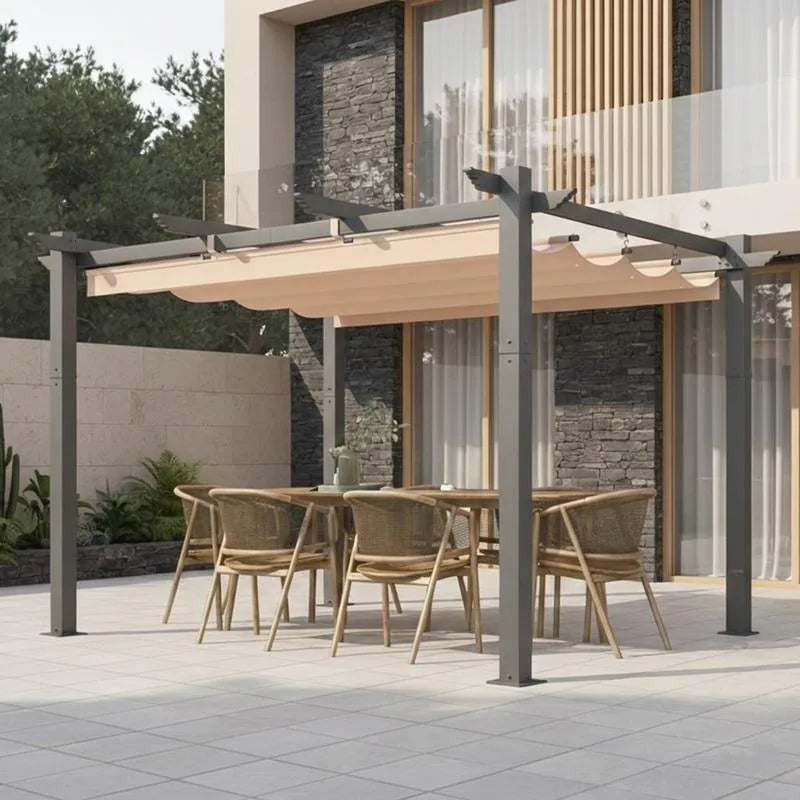 10' X 13' Outdoor Pergola with Retractable Canopy, Heavy-Duty Metal Frame and Adjustable Patio Shade Roof
