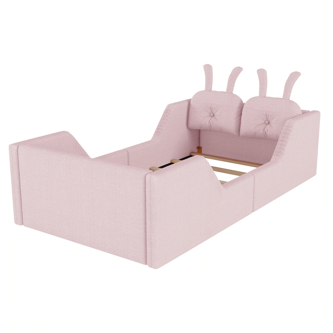 Twin Size Upholstered Platform Bed with Rabbit Cushion, Floor Upholstered Bed with Removable Side Rails