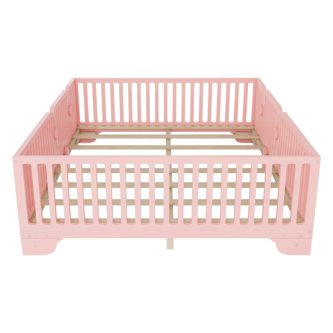 Full Size Montessori Floor Bed Frame with Safety Rails and Removable Door, Low Profile Kids Bed with Slatted Support