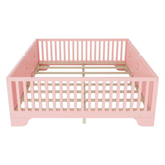 Full Size Montessori Floor Bed Frame with Safety Rails and Removable Door, Low Profile Kids Bed with Slatted Support