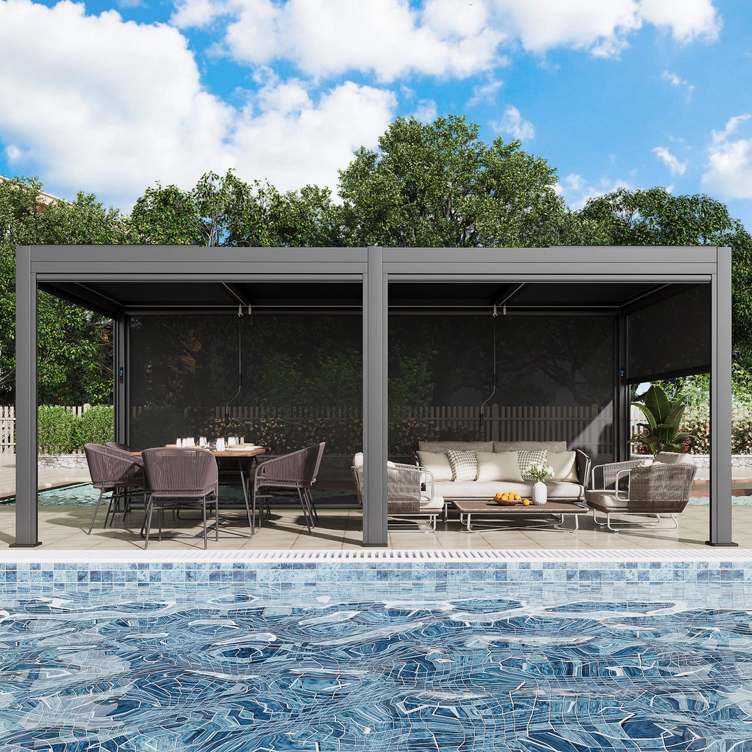 Outdoor Louvered Pergola Gazebo with Adjustable Aluminum Rainproof Roof and Pull-Down Screen