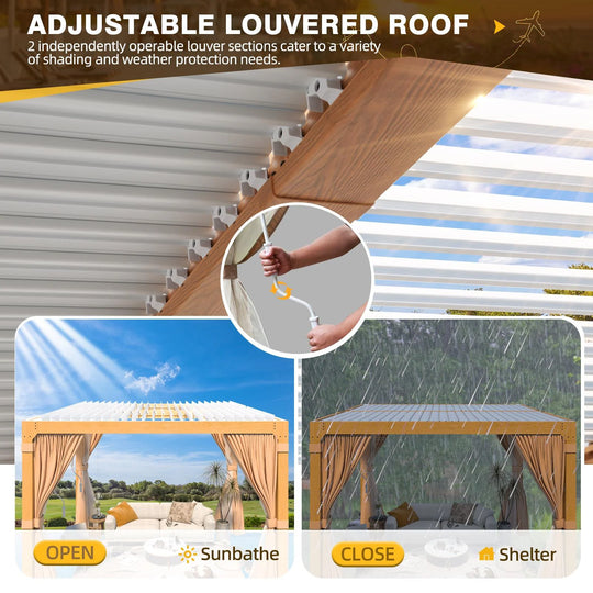 Outdoor Louvered Pergola Gazebo with Adjustable Aluminum Rainproof Roof and Pull-Down Screen