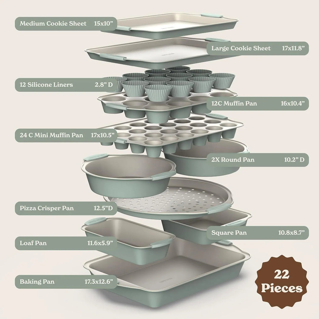 Nonstick Stackable Bakeware Set - Durable, Easy Release Baking Set- 22 Pc. Includes Silicone Muffin Cups