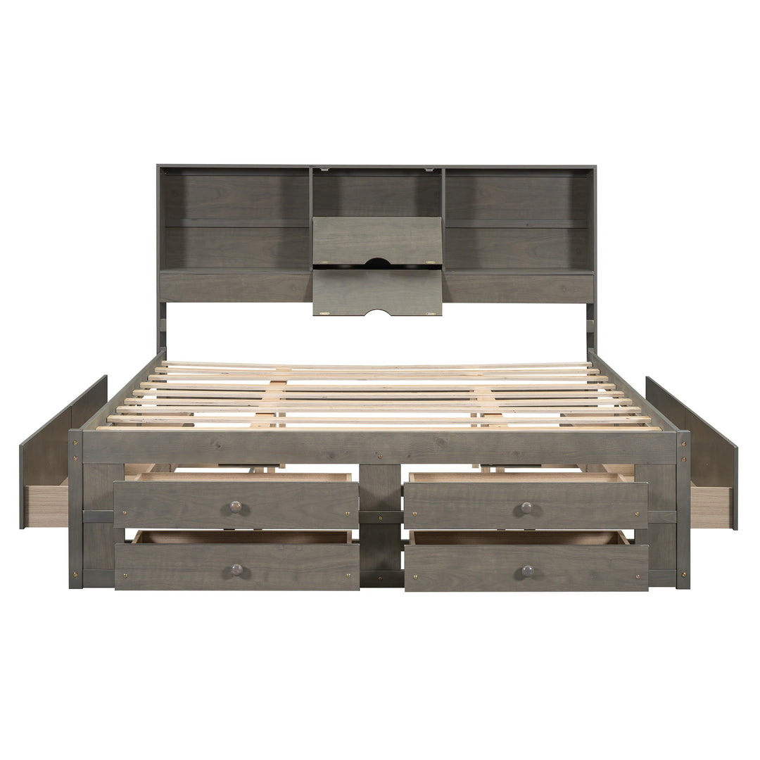 King Size Platform Bed with Storage Headboard and 8 Drawers