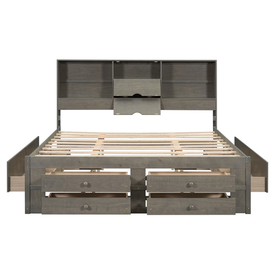 King Size Platform Bed with Storage Headboard and 8 Drawers
