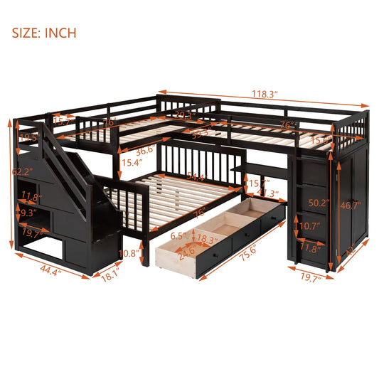 L-Shaped Bunk Bed with Three Drawers, Portable Desk and Wardrobe, Twin-Twin over Full Design