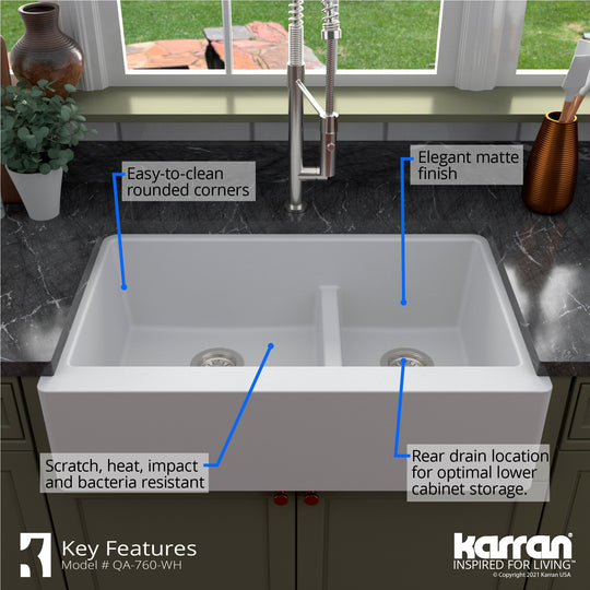 Farmhouse/Apron-Front Quartz Double Bowl Kitchen Sink