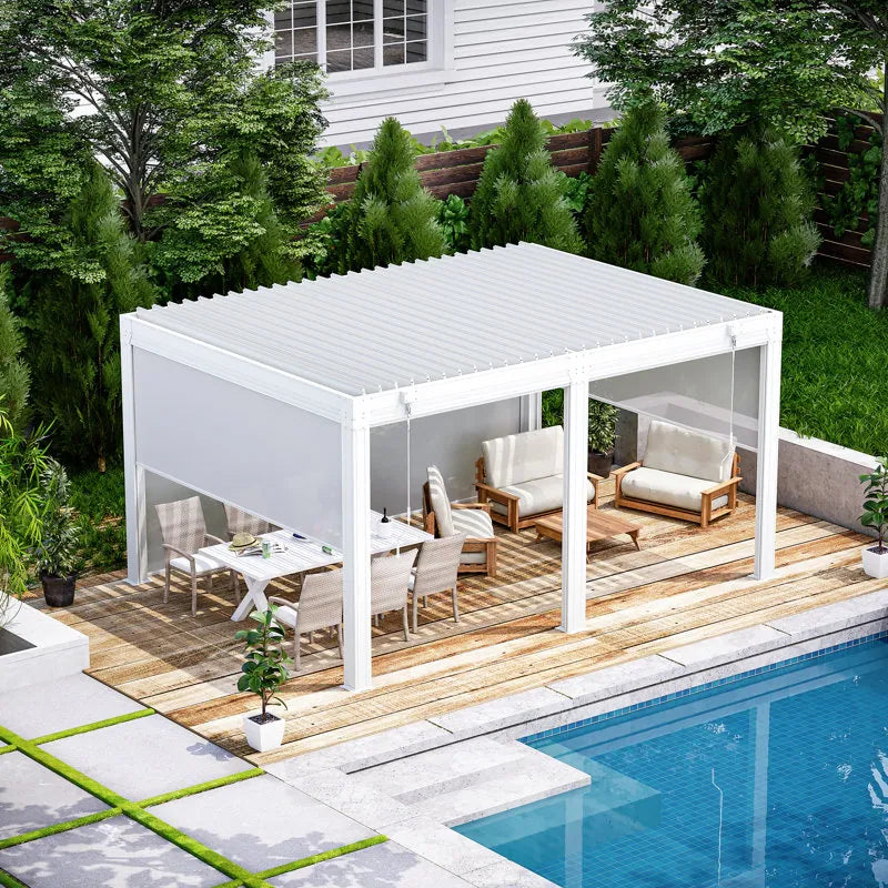 Outdoor Louvered Pergola Gazebo with Adjustable Aluminum Rainproof Roof and Pull-Down Screen