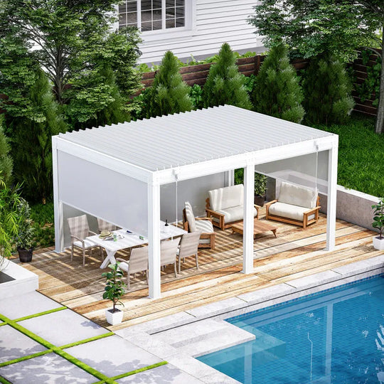 Outdoor Louvered Pergola Gazebo with Adjustable Aluminum Rainproof Roof and Pull-Down Screen