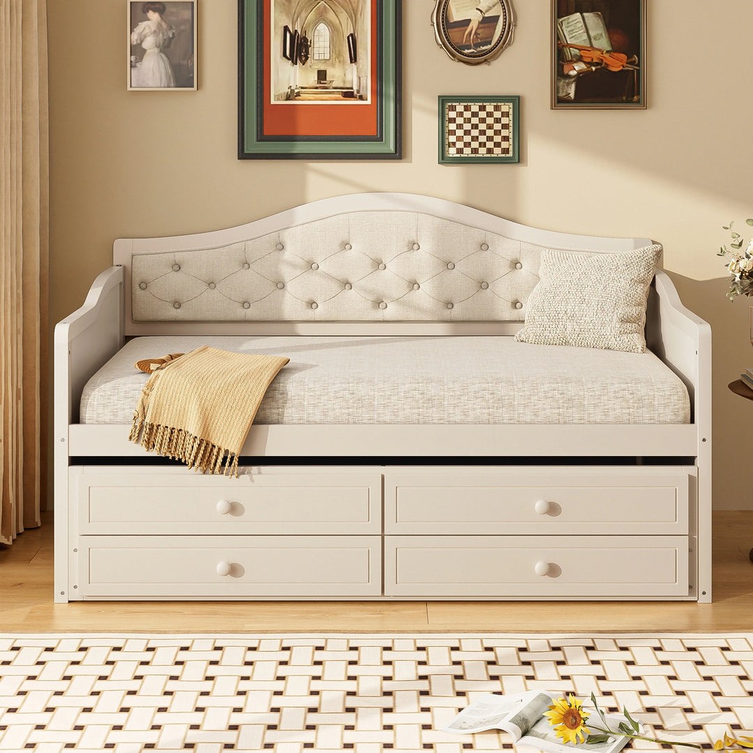 Twin Daybed with Trundle, Twin Size Daybed with 2 Storage Drawers, Wooden Sofa Bed with Upholstered Button Tufted Backrest