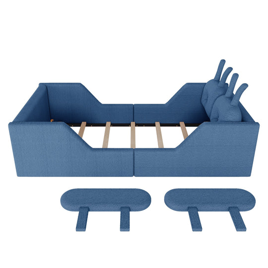 Twin Size Upholstered Platform Bed with Rabbit Cushion, Floor Upholstered Bed with Removable Side Rails