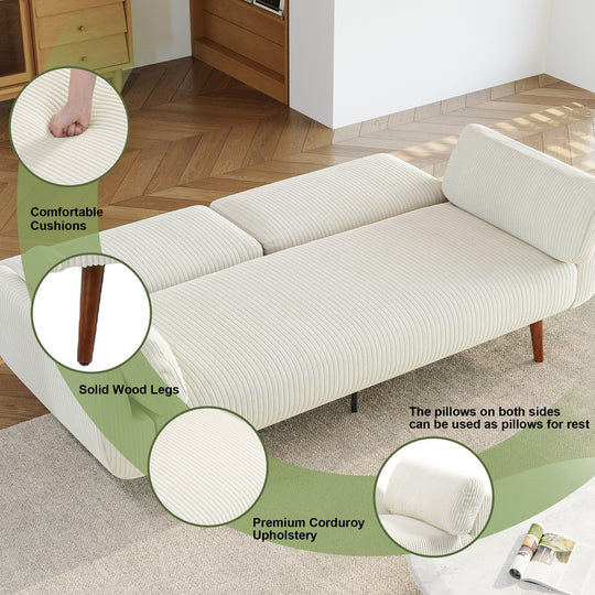 73" W Upholstered Corduroy Convertible Sleeper Sofa Bed with Pillows