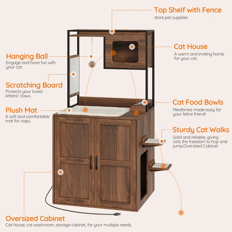 Cat Tower with Litter Box Enclosure with Shelves and Charging Station