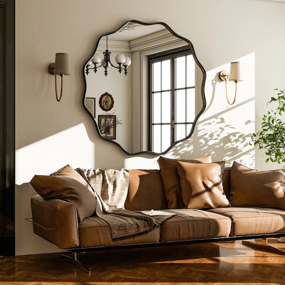 Round Wavy Bathroom Mirror Deep Frame Decorative Mirror Wall-Mounted