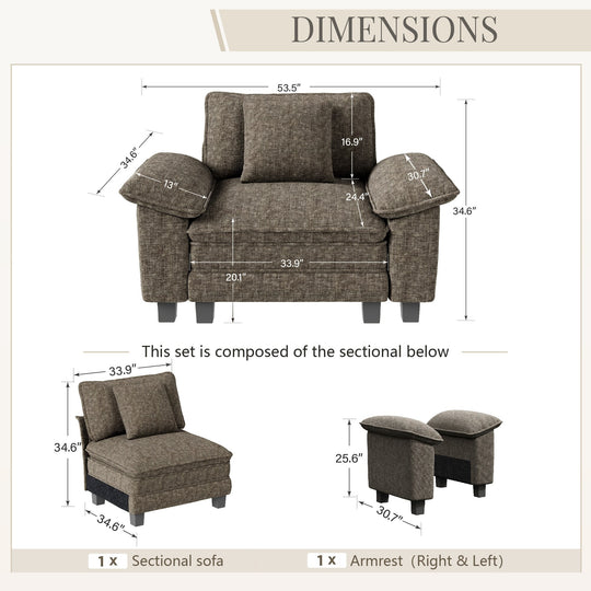 Cloud Modular Deep Seat Sofa, Chenille or Corduroy Sectional Couch with Removable Arms, 1–4 Seater