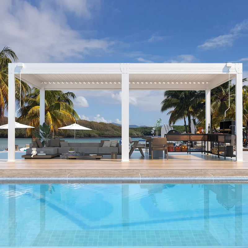 Outdoor Louvered Pergola Gazebo with Adjustable Aluminum Rainproof Roof and Pull-Down Screen