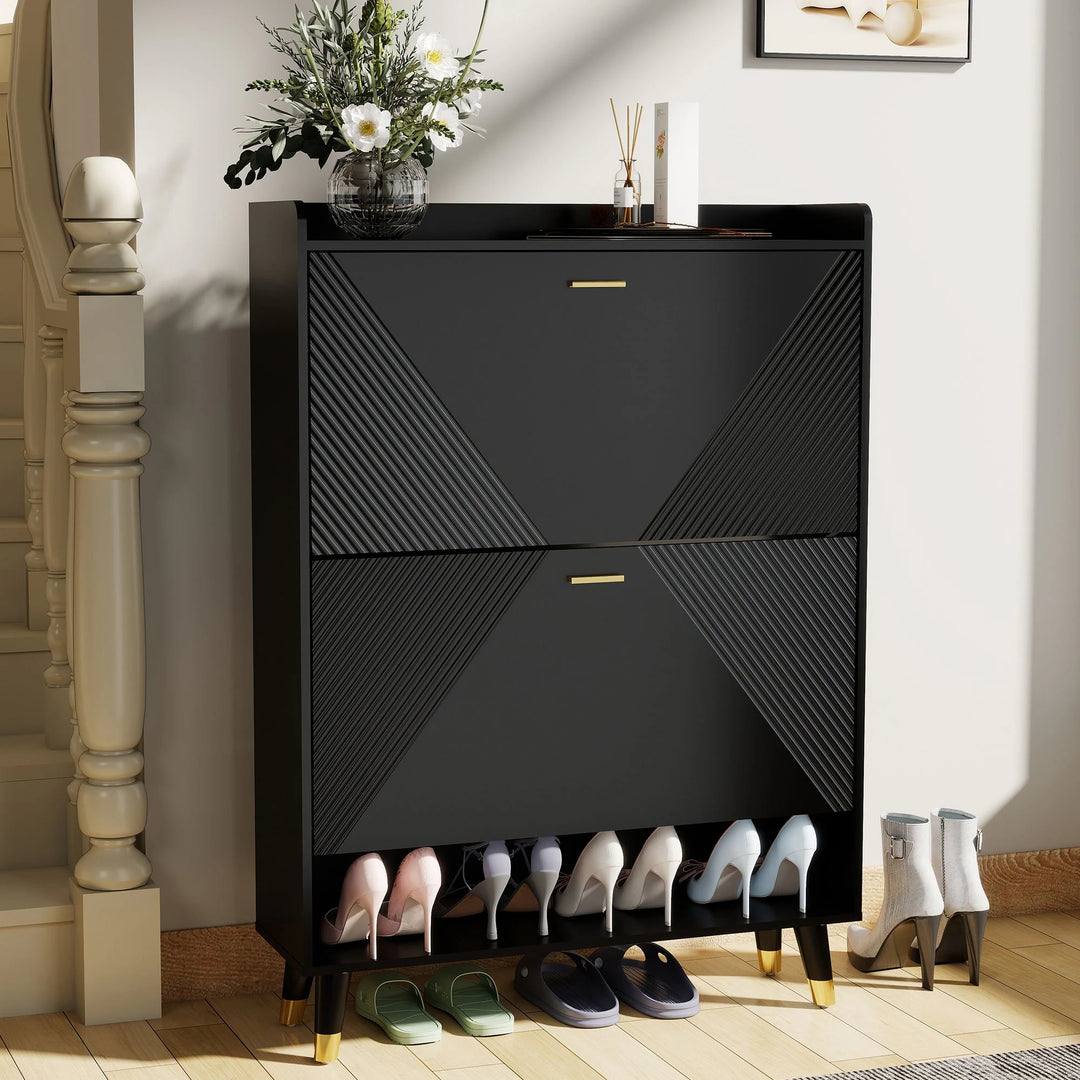Slim Shoe Cabinet, Fluted Hidden Shoe Storage Cabinet with 2 Flip Drawers