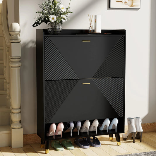 Slim Shoe Cabinet, Fluted Hidden Shoe Storage Cabinet with 2 Flip Drawers