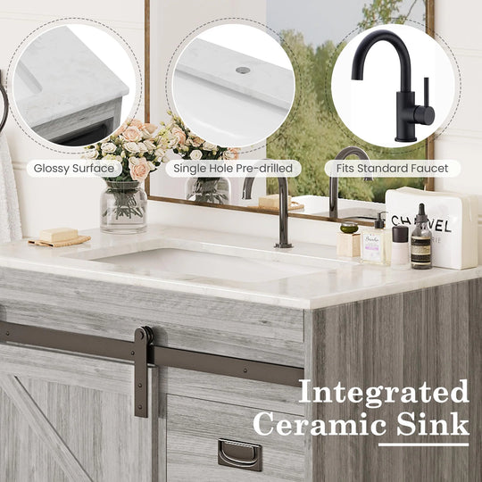 Farmhouse Bathroom Vanity with Ceramic Top and Sliding Barn Door Sink Cabinet, Rustic Single Sink Vanity