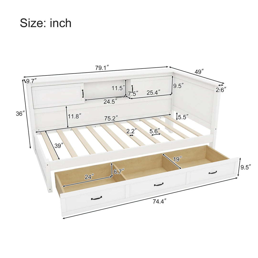 L-Shaped Corner Bed Frame with Drawer, Bookcase, LED Downlight and USB Port