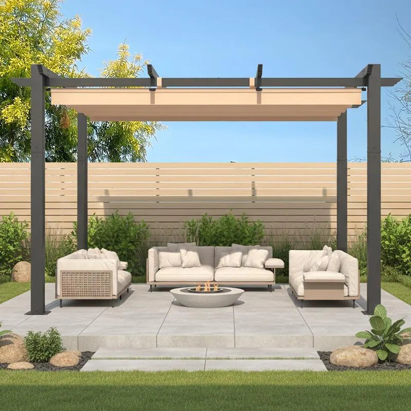 10' X 13' Outdoor Pergola with Retractable Canopy, Heavy-Duty Metal Frame and Adjustable Patio Shade Roof