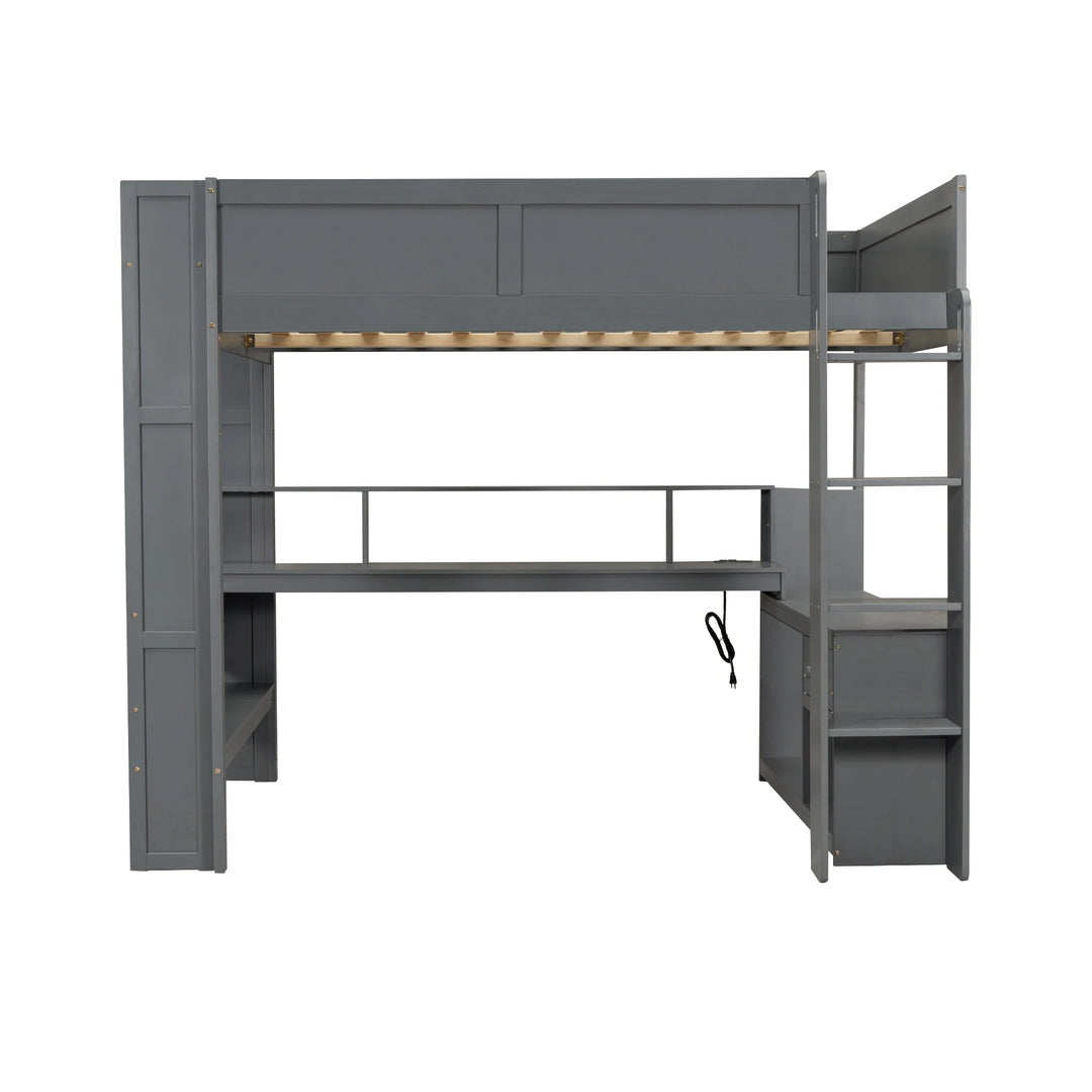 Full Size Gaming Loft Bed with Desk, Multi-Storage Shelves, LED and Charging Station, Dark Design