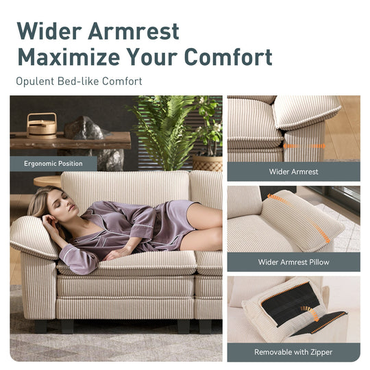 Cloud Modular Deep Seat Sofa, Chenille or Corduroy Sectional Couch with Removable Arms, 1–4 Seater
