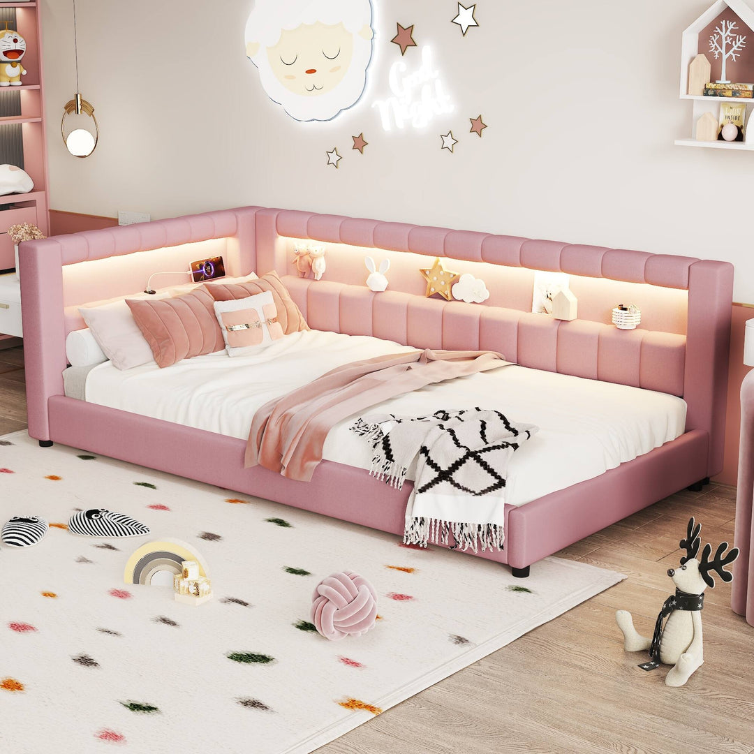 Upholstered Low-Profile Daybed Platform Bed Built-In USB Ports and LED Light Belt, Grounded Design with Padded Backrest