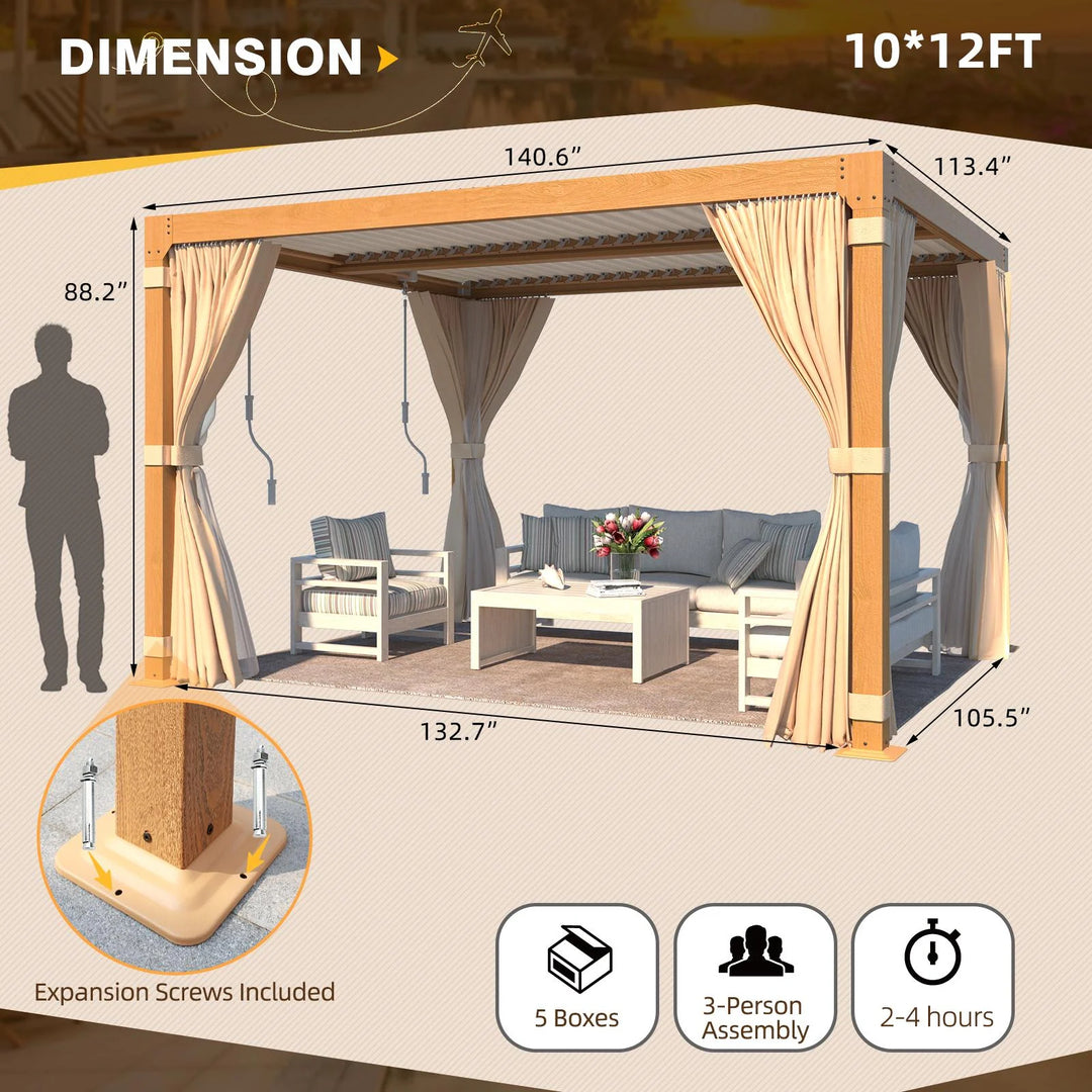 Outdoor Louvered Pergola Gazebo with Adjustable Aluminum Rainproof Roof and Pull-Down Screen