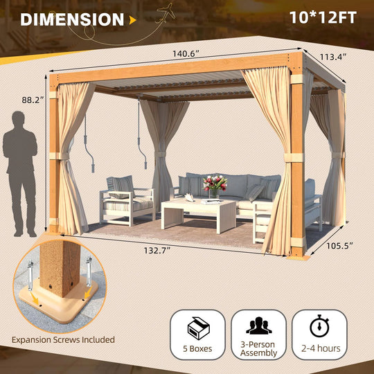 Outdoor Louvered Pergola Gazebo with Adjustable Aluminum Rainproof Roof and Pull-Down Screen