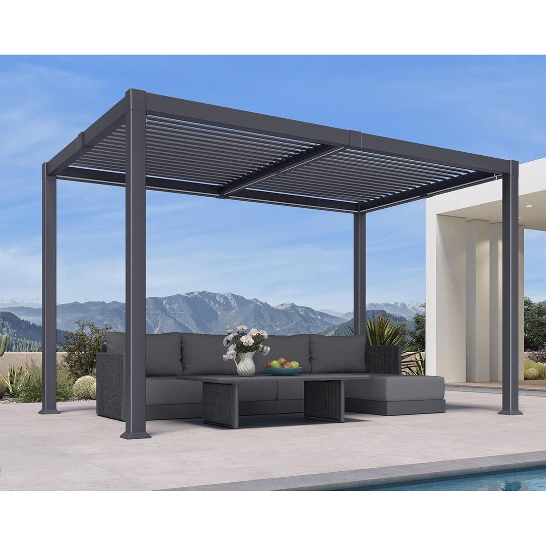 Solar Louvered Pergola with LED String Lights Aluminum Outdoor Pergola with Adjustable Roof for Patio Garden